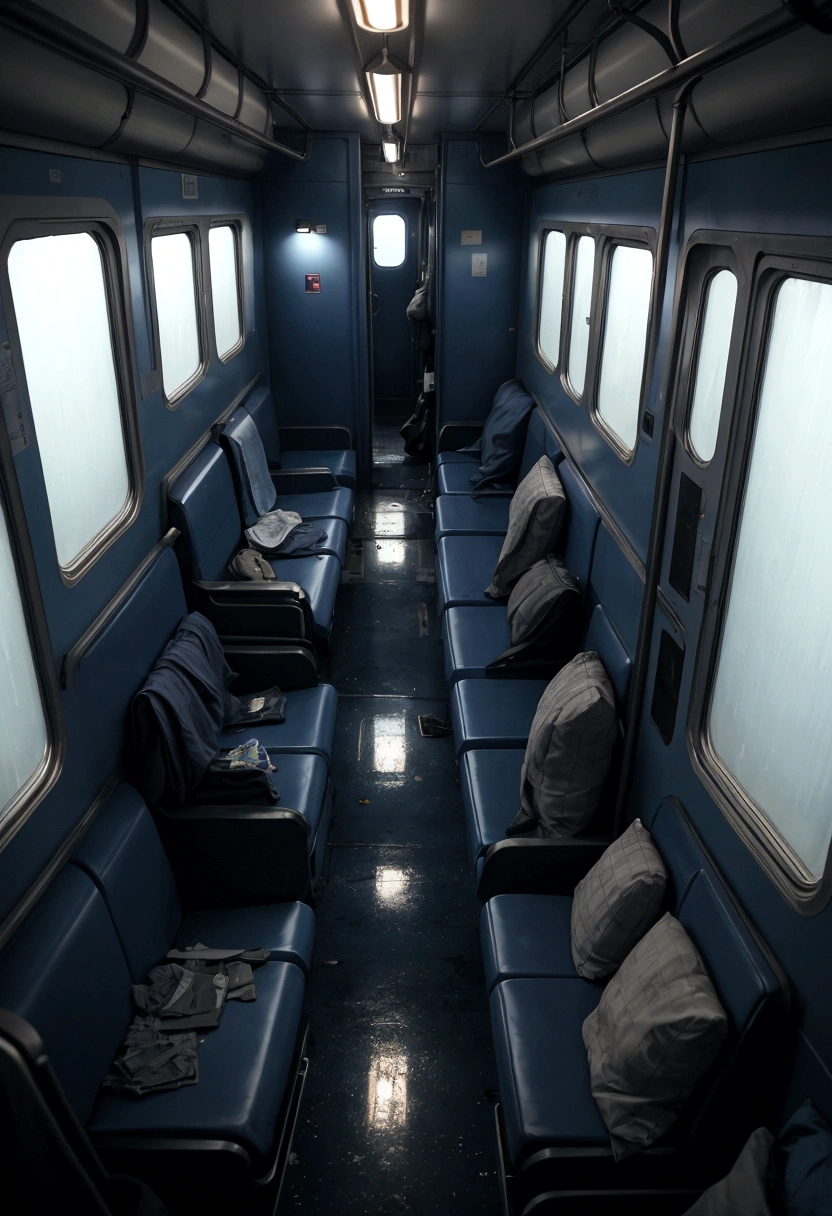 Empty interior of a night train, dimly lit with blueish fluorescent lights. Seats are mostly empty, with scattered personal belongings left behind. Windows reflect the interior, creating a claustrophobic atmosphere.