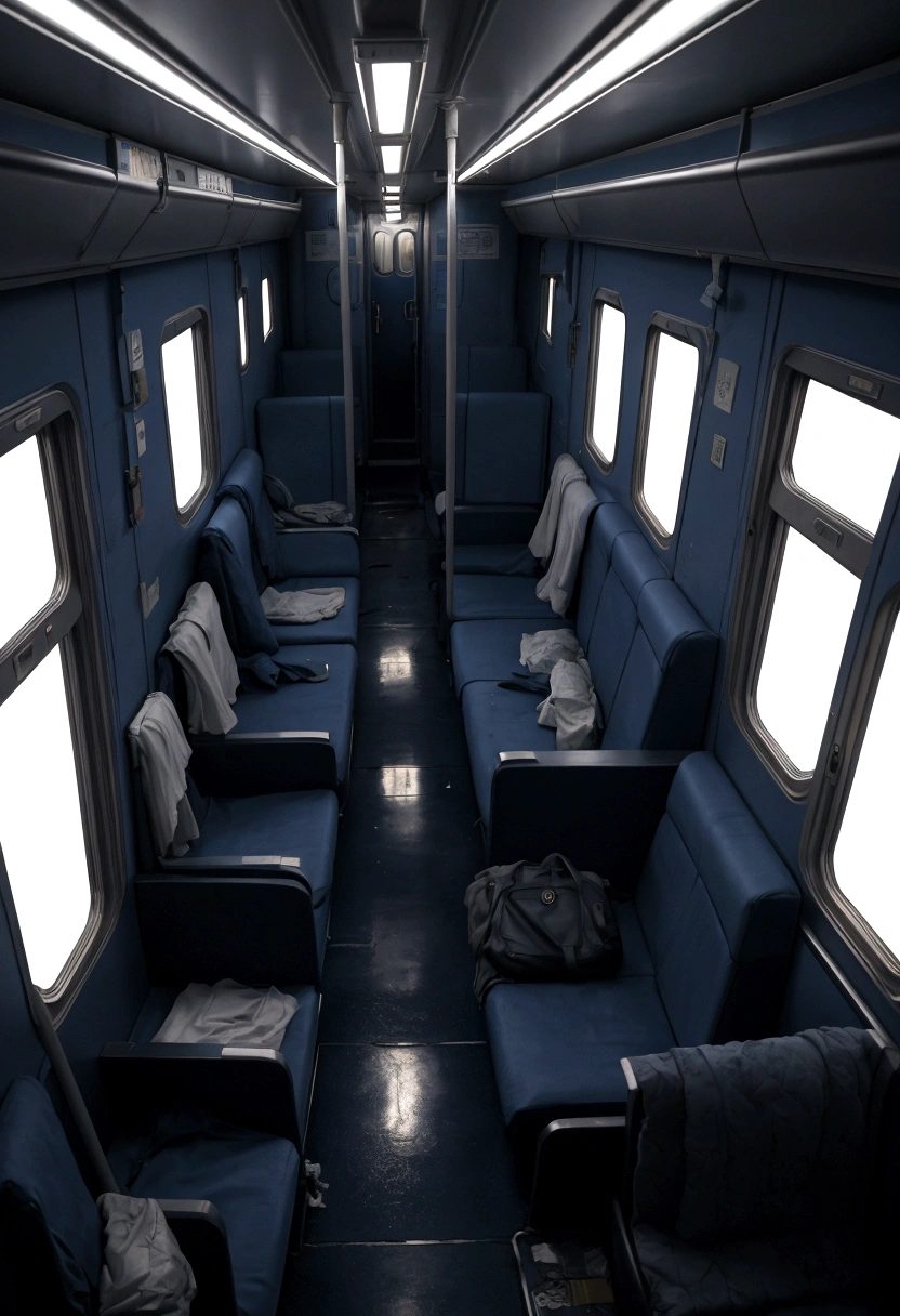 Empty interior of a night train, dimly lit with blueish fluorescent lights. Seats are mostly empty, with scattered personal belongings left behind. Windows reflect the interior, creating a claustrophobic atmosphere.