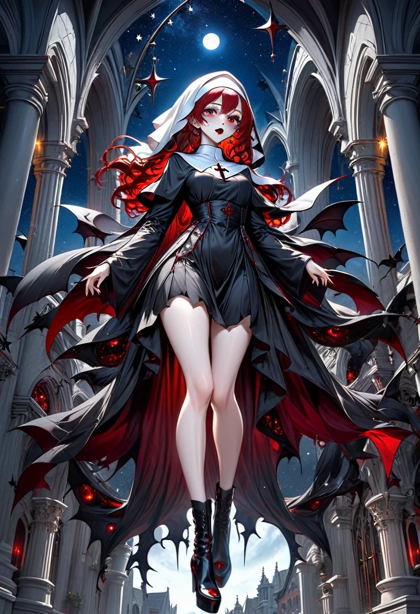 a picture of an exquisite beautiful female (nun: 1.3) vampire standing under the starry night sky on the porch of her monastary, action shot, dynamic angle (ultra detailed, Masterpiece, best quality), ultra detailed face (ultra detailed, Masterpiece, best quality), ultra feminine, (pale skin: 1.3), red hair, wavy hair, dynamic eyes color, cold eyes, glowing eyes, intense eyes, dark red lips, [fangs], wearing white nun habit (ultra detailed, Masterpiece, best quality), wearing blue cloak (ultra detailed, Masterpiece, best quality), long cloak, flowing cloak (ultra detailed, Masterpiece, best quality), wearing high heeled boots, sky full of stars background, moon, bats flying about, action shot, high details, best quality, 16k, [ultra detailed], masterpiece, best quality, (ultra detailed), full body, ultra wide shot, photorealism, dark fantasy art, dark fantasy art, gothic art, many stars, dark fantasy art, gothic art, sense of dread, bloodmagic