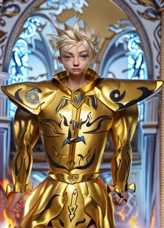 (ultra realistic,32k, masterpiece:1.2),(high detailed skin:1.1),( high quality:1.1), 8k, uhd, masterpiece, 1 boy, golden armour full decourated  with friezes, light blue friezes, short blonde hairs, blue eyes, 20 years old, european, beautiful full armour, angelic sword and flames themed friezes