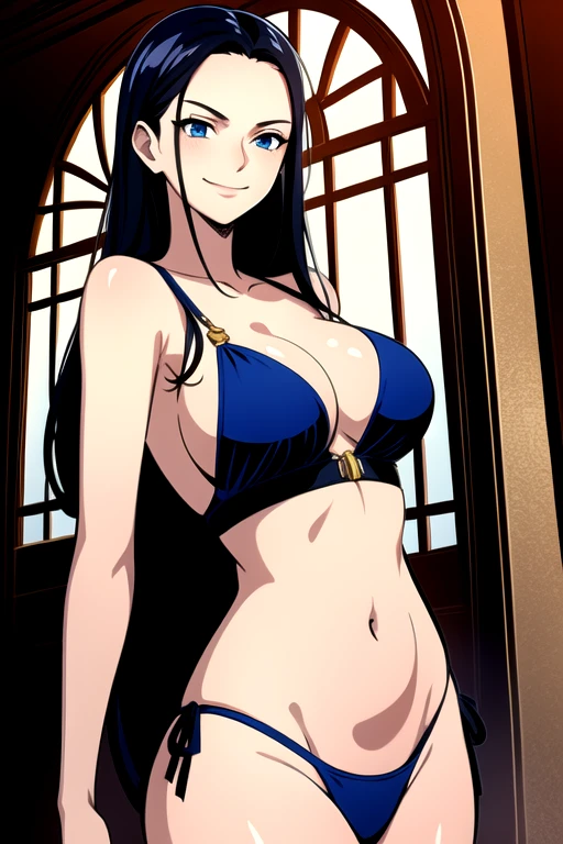 masterpiece,, best quality, beautiful lighting,((, slim girl)), NicoRobinV2, 1girl, black hair, long hair, solo, large breasts, smile, blue eyes, closed mouth, hair slicked back bikini