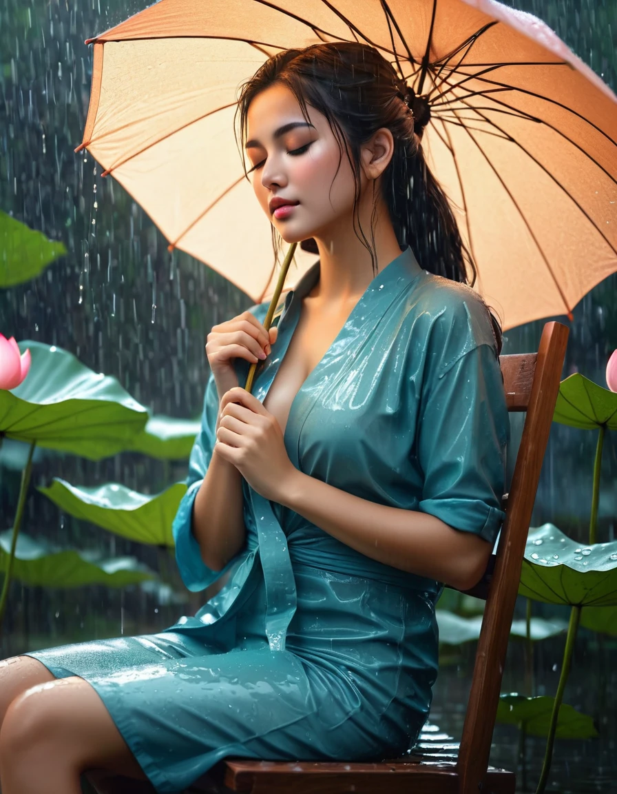 there a woman sitting on a chair in the rain, holding lotus flower with (((eyes closed))), traditional beauty, rainy afternoon, beautiful digital artwork, day after raining, by Rudy Siswanto, inspired by Rudy Siswanto, rainy day outside, after the rain, just after rain, under rain, rainy mood, beautiful realistic photo, on a rainy day, raining portrait, rainy day, raining (masterpiece, best quality:1.2),(8k,highres,RAW photo,realistic,photo-realistic:1.3),(detailed skin texture,detailed cloth texture,beautiful detailed face:1.25),professional lighting,photon mapping,beautiful soft light,radiosity,physically-based rendering,model shoot style, model shoot style, (extremely detailed CG unity 8k wallpaper), full shot body photo of the most beautiful artwork in the world, complex 3d render ultra detailed, looking at viewer, 18 yo, wet hair, real human skin, vibrant details, hyperrealistic, beautiful, octane render, an extremely delicate and beautiful, extremely detailed ,CG ,unity ,wallpaper,Amazing, finely detail,official art,extreme detailed eyes, (perfect face), shiny skin, colorful, highest detailed, vibrant colors, ultra high res, (high contrast), intricate, lens flare