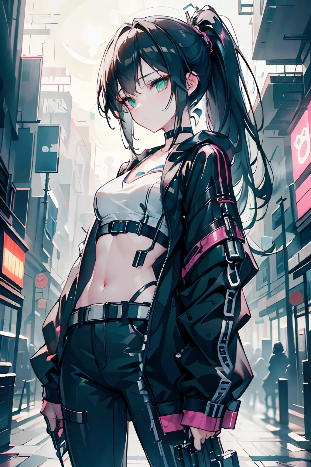 (masterpiece, best quality, 8k, sharp focus, depth of field, best shadows, perfect lights, HDR, realistic skin texture, hyper detailed background), Anime style, Long Angle Shot, ((CYBERPUNK THEME)), solo, 1 woman, she is a mercenary, (green eyes, white skin, black hair with ponytail, choker, small breasts, slim, makeup, Eyeliner, gloss), she is doing a job on a futuristic korean city, holding a Tech-katana with a strong grip, night, sky, waning moon, wearing a nice tech-jacket and leather pants.