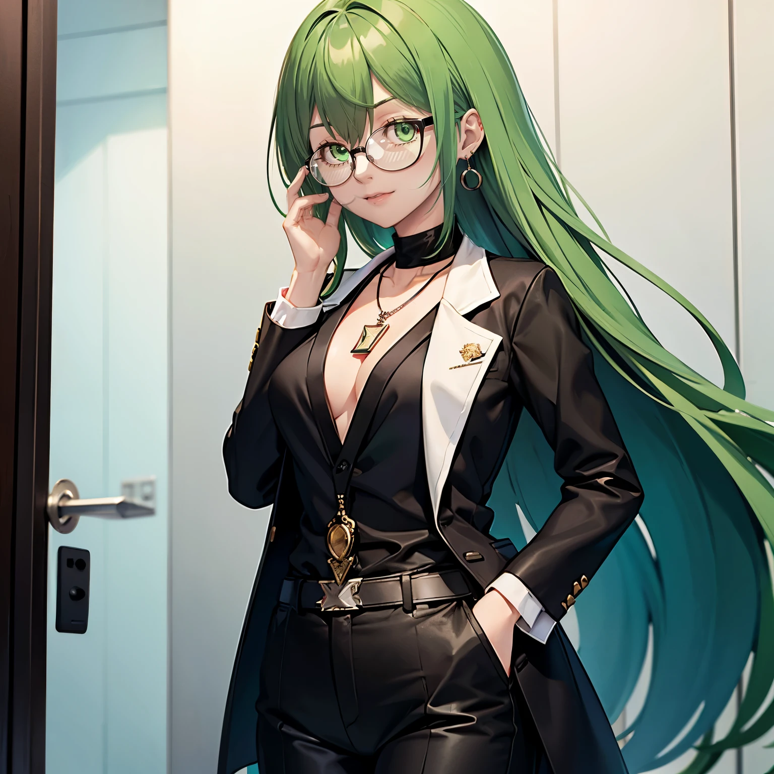 Green hair, long hair, black shirt, black pants, tall, woman, black, white striped hair, white lab coat, medium chest, covered chest, earrings, necklace, glasses, uniform, professional