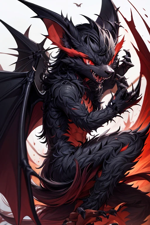animal giant bat with spread wings with spiked rodent tail black fur red eyes open mouth spikes on the back with many fangs forest background