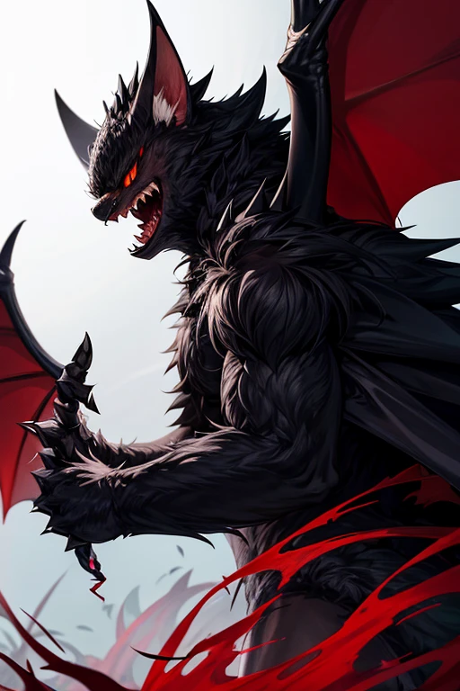 animal giant bat with spread wings with spiked rodent tail black fur red eyes open mouth spikes on the back with many fangs forest background