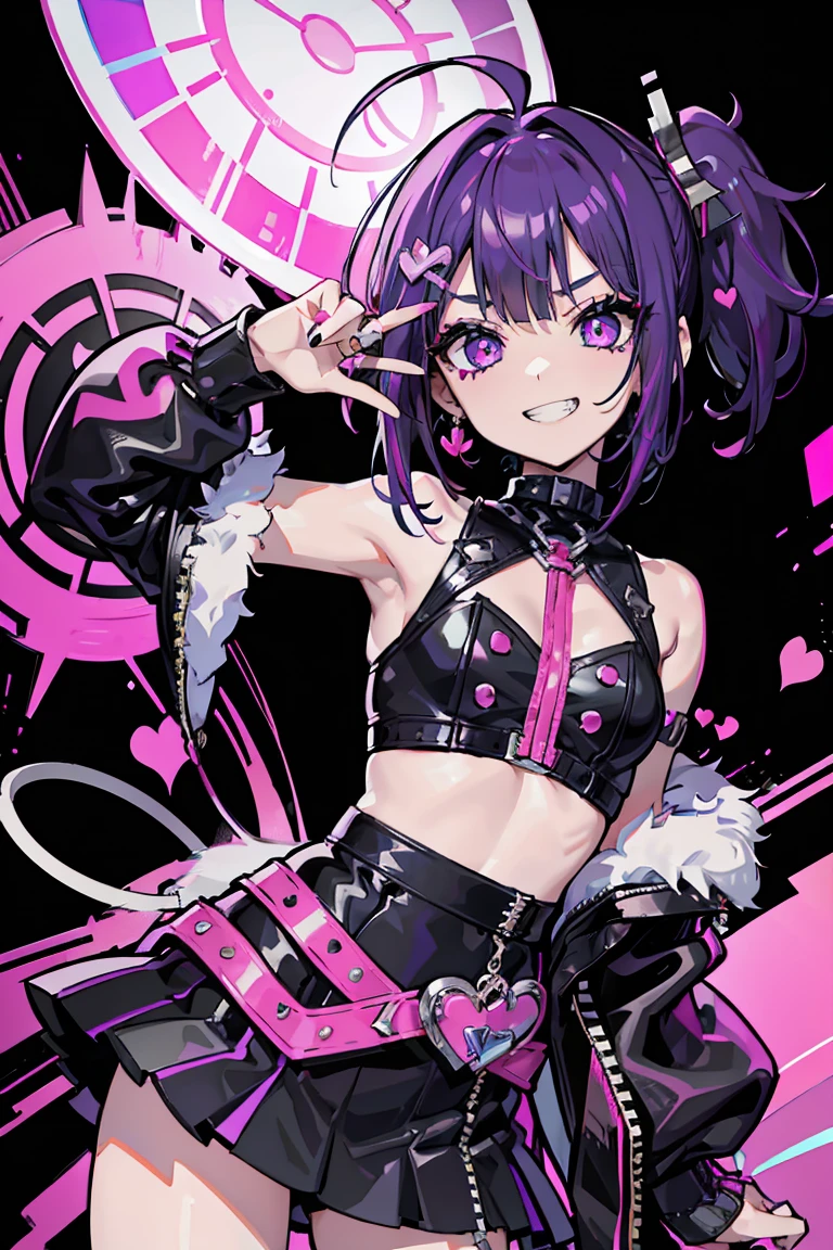 A teenage male with very white skin, black hair with blue streaks on one side and a tender face, big thighs, wearing a purple crop top and a very short skirt.