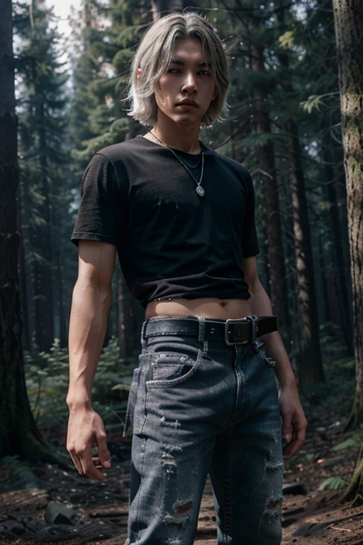 Ji-tae, Yoo Teo., Teen Wolf, 20 years old, short messy white hair, slim muscular build, black eyes, open black shirt, dark blue jeans, black belt, light brown combat boots, silver moon pendant, black misty forest background