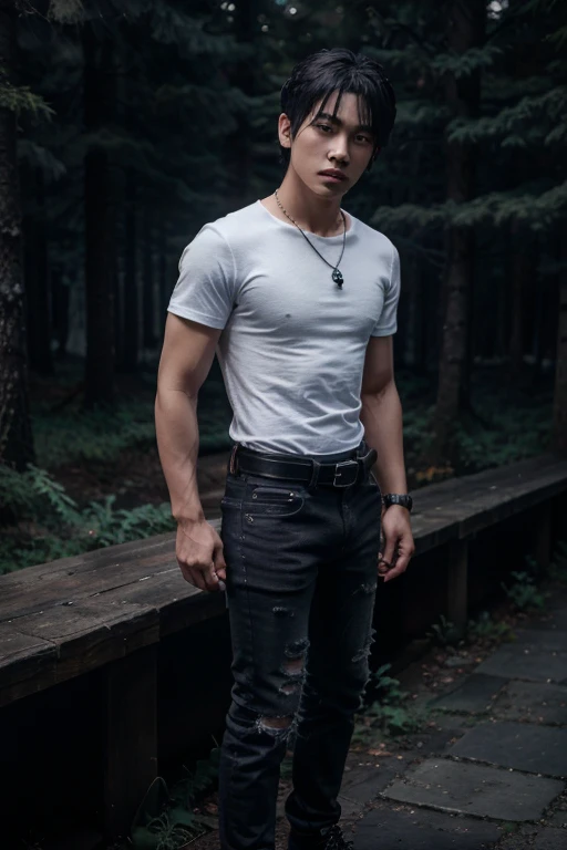 Ji-tae, Yoo Teo., Wolf, 20 years old, short messy white hair, slim muscular build, black eyes, open black shirt, dark blue jeans, black belt, light brown combat boots, silver moon pendant, black misty forest background