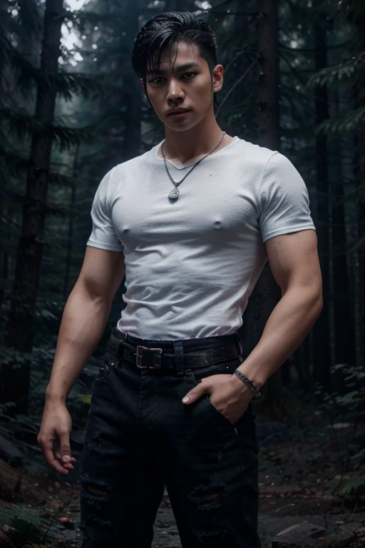 Ji-tae, Yoo Teo., Wolf, 20 years old, short messy white hair, slim muscular build, black eyes, open black shirt, dark blue jeans, black belt, light brown combat boots, silver moon pendant, black misty forest background