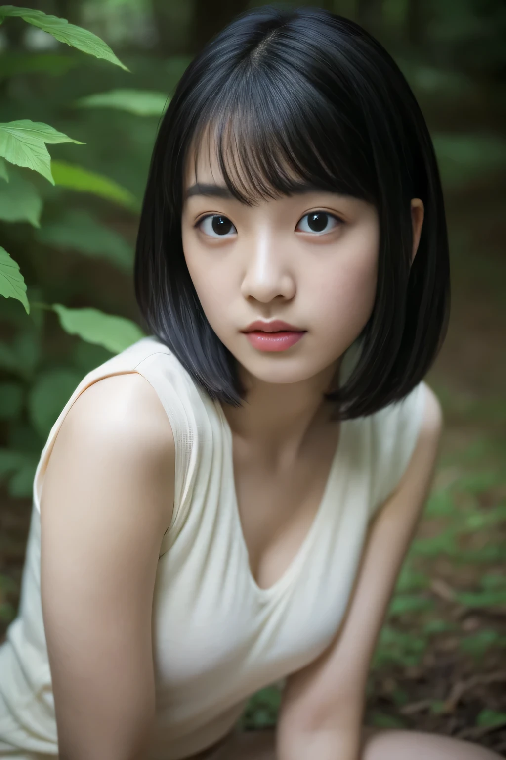 18 years old,white shirt,spread legs,boobs,thin,gleaming skin,cute face,double eyelid,embarrassed,bob hair,black hair,black eyes,evening,forest,mysterious,high quality,photorealistic,dslr,masterpiece,highly detailed,japanese,beautiful woman,gravure