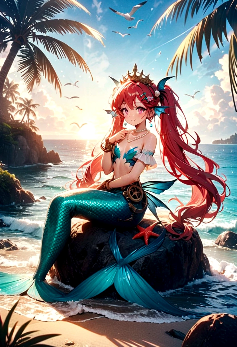 (best quality,4k,8k,highres,masterpiece:1.2),ultra-detailed, drawn in anime style, Pretty 15 years old princess magically transformed into a beautiful mermaid, race swap, fantastic transformation, steampunk, fish like, wet body, dominant shades of red, long and detailed mermaid tail with shimmering red fish scales, fins ears, very long pigtails red hair that sparkles in the light, pearl hair ornaments, sharp teeth, is smiling, pink eyes, small breast, long pelvic and dorsal fins, pair of fish gills on her neck and torso, red shell bra, starfish hair clips, pearl earrings and bracelets, pearl necklace, hair ribbons, gold tiara, embracing her new life has a mermaid, joyful expression, sitting on a rock, sandy beach, brushing her hair, ocean waves,sparkling water,coconut trees,seagulls,vibrant colors,magical glow,shimmering scales,sea breeze,warm sunlight,joyful expression,island paradise,lush tropical plants,dynamic composition,soft and smooth lines,expressive facial features,gentle water reflections,serene atmosphere, Highly detailed, masterpiece, high quality, 4K