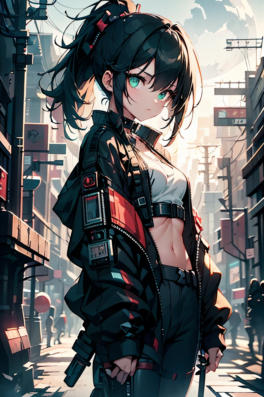 (masterpiece, best quality, 8k, sharp focus, depth of field, best shadows, perfect lights, HDR, realistic skin texture, hyper detailed background), Anime style, Long Angle Shot, ((CYBERPUNK THEME)), solo, 1 woman, she is a mercenary, (green eyes, white skin, black hair with ponytail, choker, small breasts, slim, makeup, Eyeliner, gloss), she is doing a job on a futuristic korean city, holding a Tech-katana with a strong grip, night, sky, waning moon, wearing a nice tech-jacket and leather pants.