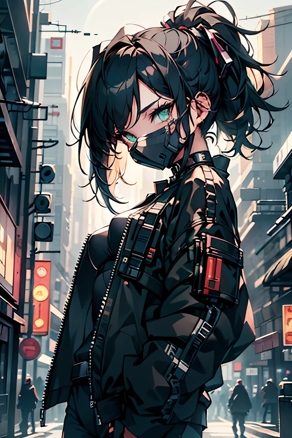 (masterpiece, best quality, 8k, sharp focus, depth of field, best shadows, perfect lights, HDR, realistic skin texture, hyper detailed background), Anime style, Long Angle Shot, ((CYBERPUNK THEME)), solo, 1 woman, she is a mercenary, (green eyes, white skin, black hair with ponytail, choker, small breasts, slim, makeup, Eyeliner, gloss), she is doing a job on a futuristic korean city, holding a Tech-katana with a strong grip, night, sky, waning moon, wearing a nice tech-jacket and leather pants.