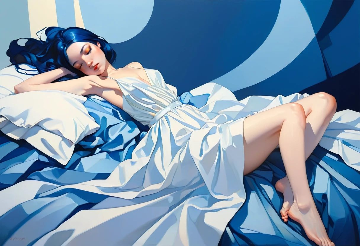 painting of a woman laying on a bed with a white and blue dress, wlop jeremy lipkin, ross tran 8 k, artgerm julie bell beeple, james jean and wlop, wlop art, rhads and lois van baarle, art of wlop, wlop |, artgerm and james jean