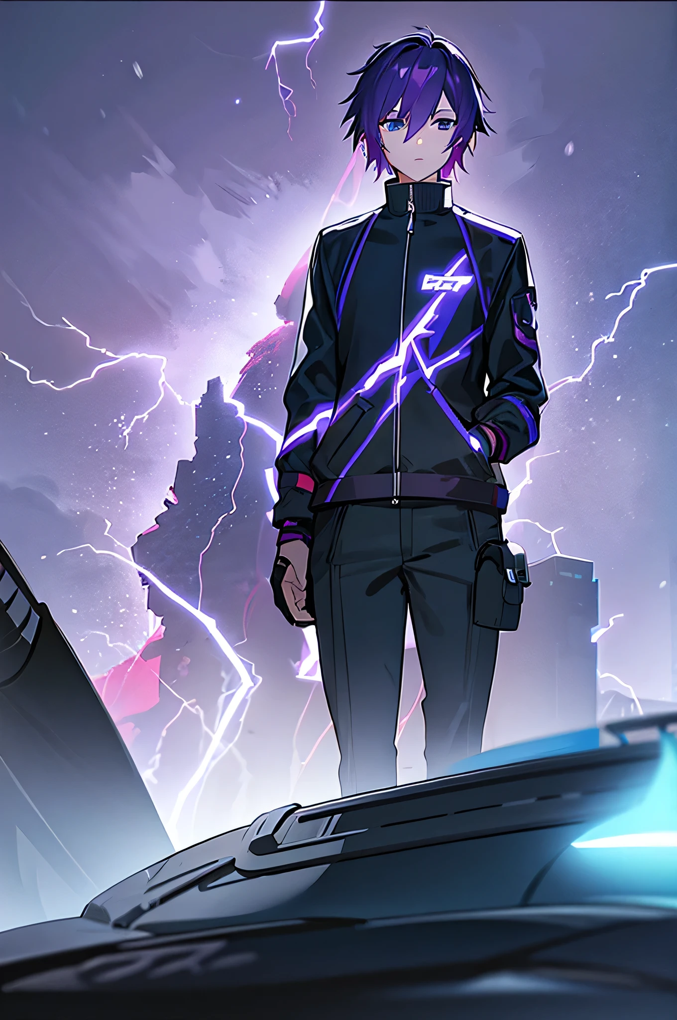 Young adult male, jet jacket, purple hair, blue eyes, lightning aura, Rain background.