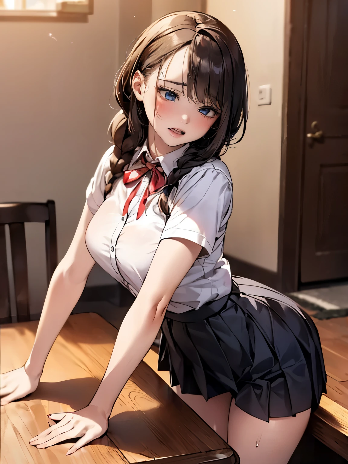 (round face), eyes with realistic sizing, drooping eyes, blush, sweat, shame, pleated skirt, ribbon, (standing close the table corner and straddling to put her crotch on the corner of the table for self pleasure), open mouth, braid,