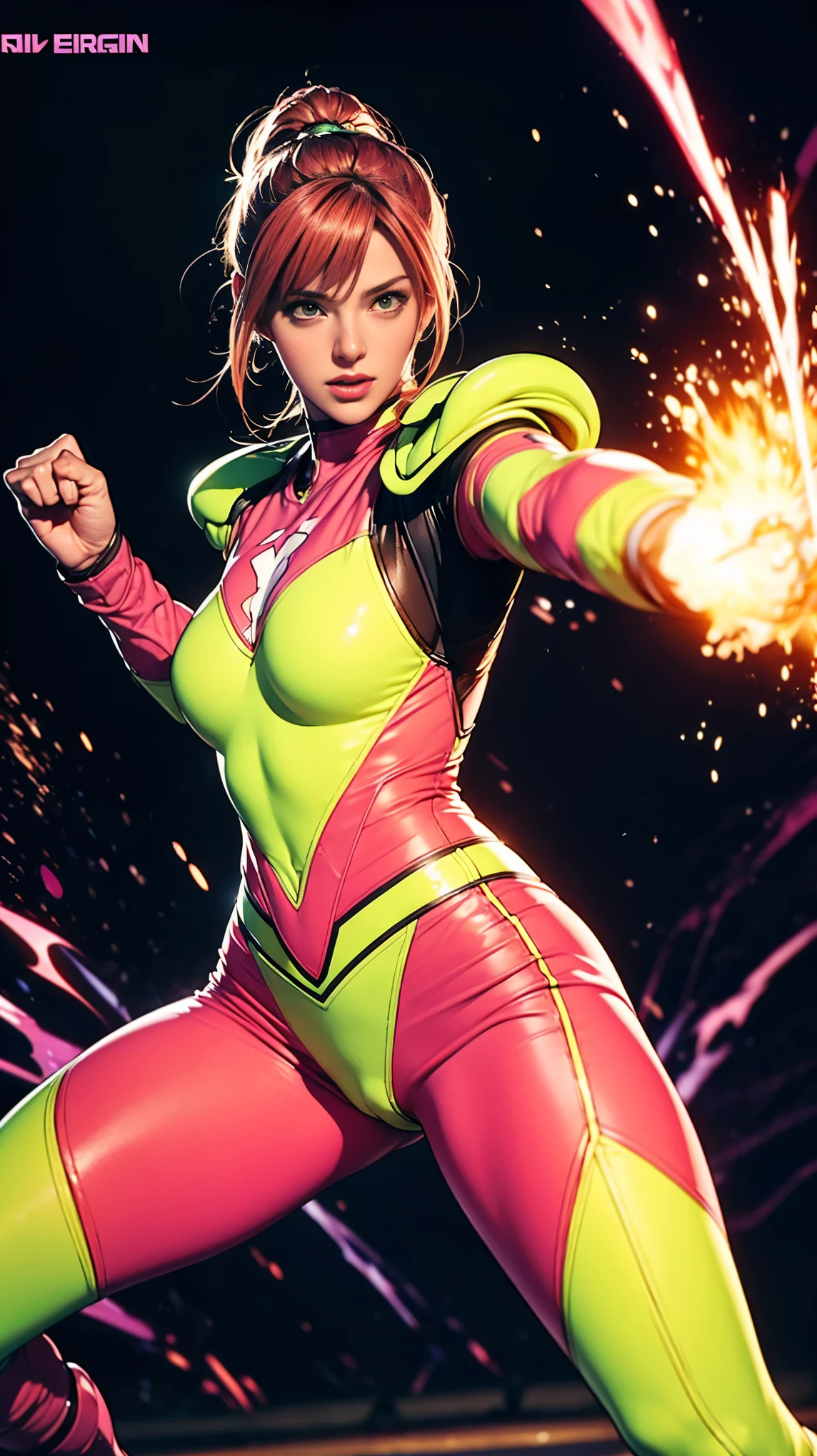 Solo, A brave and courageous image of a 6 member ranger team, Each one is decorated in vibrant colors such as:: ((Pink)), red is front of center, violet, Green, yellow, blue black, white,. Dynamic poses in a background that exudes energy and courage, neon, fire, plasma, Fluorescent, shocking, pink big bomber, splashing pink, running, fighting pose, action pose, Embodying the essence of the classic Sentai superhero team. Each Ranger:: The attire is sophisticated and modern, Each color has elements that reflect its theme., Ready for action. ((Camel Toe)), weapons, in sunset background , in cinematic lighting, cover art mixed cinema poster style,