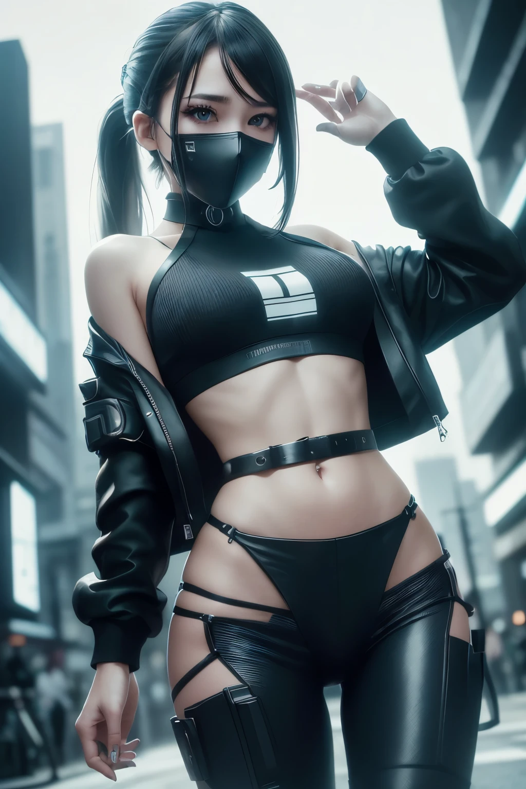 (masterpiece, best quality, 8k, sharp focus, depth of field, best shadows, perfect lights, HDR, realistic skin texture, hyper detailed background), Anime style, Long Angle Shot, ((CYBERPUNK THEME)), solo, 1 woman, she is a mercenary, (green eyes, white skin, black hair with ponytail, choker, small breasts, slim, makeup, Eyeliner, gloss), she is doing a job on a futuristic korean city, holding a Tech-katana with a strong grip, night, sky, waning moon, wearing a nice tech-jacket and leather pants.