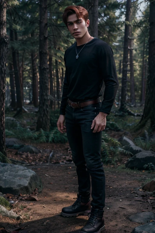 KJ Apa, Archie Andrews, Teen Wolf, 18 years old, short messy red hair, slim muscular build, black eyes, open black shirt, dark blue jeans, black belt, light brown combat boots, silver moon pendant, black misty forest background