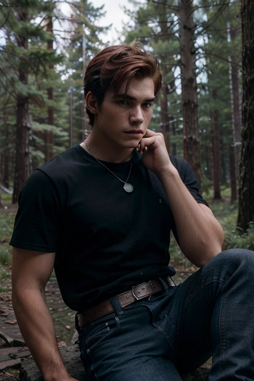 KJ Apa, Archie Andrews, Teen Wolf, 18 years old, short messy red hair, slim muscular build, black eyes, open black shirt, dark blue jeans, black belt, light brown combat boots, silver moon pendant, black misty forest background