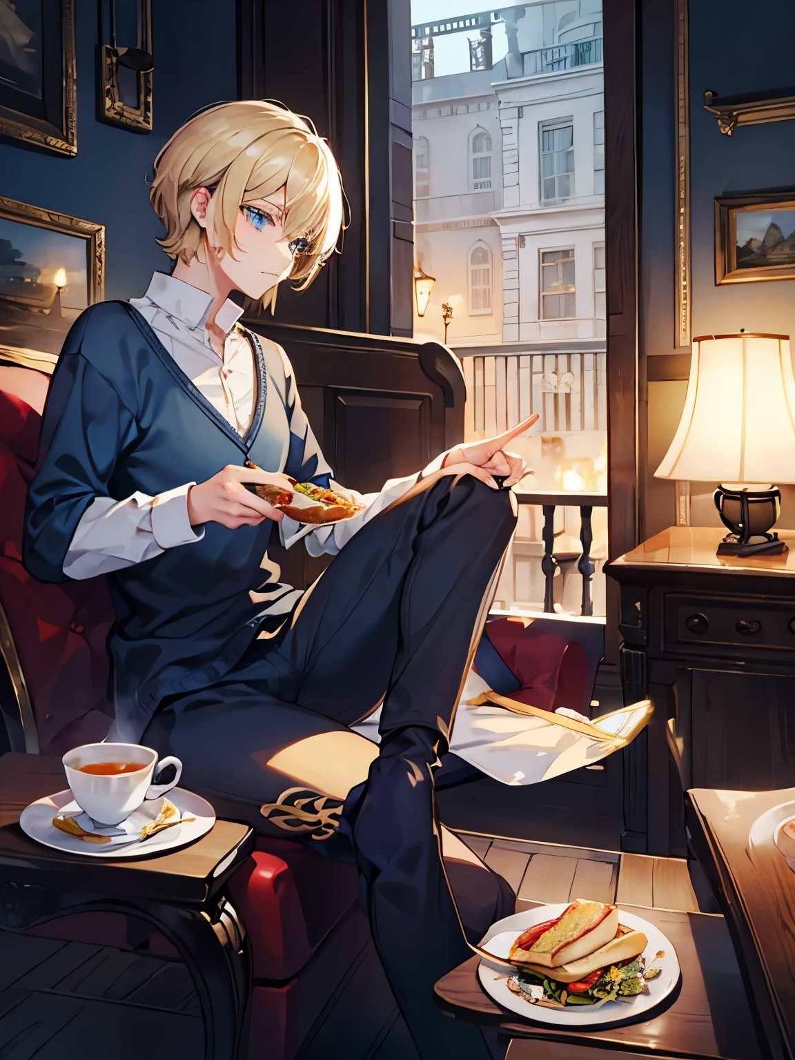 male Short Hair blue eyes Blonde Noble House Tea cup Drinking tea blouse pants Sit down and eat a sandwich Luxury furniture