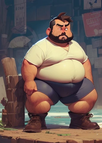 ((( Personagem : Eduardo is plump, chubby, with extremely thick thighs, a large belly, fat, he is 56 years old, He&#39;s wearing gray sweatshirt shorts, camiseta preta aberta desabotoada com uma camiseta branca por dentro. He wears a watch, bracelet, lanyard around his neck., He is bearded, full beard, big voluminous beard, wears prescription glasses))). ((( Character Antony is plump, chubby, extremely thick thighs, large belly, fat hair and gray-haired Bara, he wears a floral t-shirt and denim shorts, ele usa pulseiras de couro preta no pulso, watch and Nordic chain around his neck he wears socks and white sneakers with blue details he wears prescription glasses))). Uma Cidade iluminada e cheia de placas de propagandas , (((vemos um bar com algumas pessoas em frente a entrada dele))), ((na fachada do bar tem uma caneca de cerveja feita com neon )), some luxury cars and Porsche are parked near the bar 