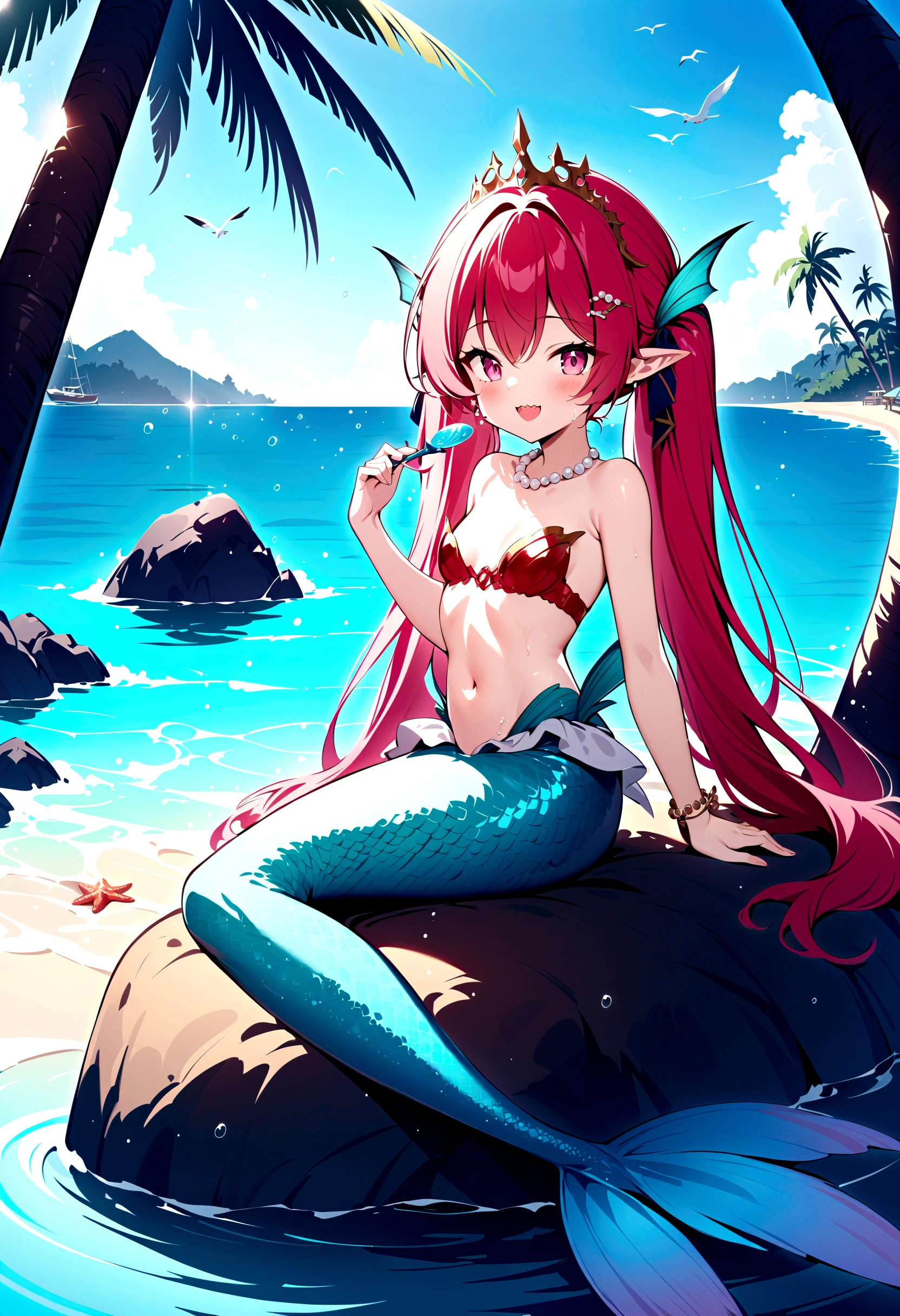 (best quality,4k,8k,highres,masterpiece:1.2),ultra-detailed, drawn in anime style, Pretty 15 years old princess magically transformed into a beautiful mermaid, race swap, fantastic transformation, steampunk, fish like, wet body, dominant shades of red, long and detailed mermaid tail with shimmering red fish scales, fins ears, very long pigtails red hair that sparkles in the light, pearl hair ornaments, sharp teeth, is smiling, pink eyes, small breast, long pelvic and dorsal fins, pair of fish gills on her neck and torso, red shell bra, starfish hair clips, pearl earrings and bracelets, pearl necklace, hair ribbons, gold tiara, embracing her new life has a mermaid, joyful expression, sitting on a rock, sandy beach, brushing her hair, ocean waves,sparkling water,coconut trees,seagulls,vibrant colors,magical glow,shimmering scales,sea breeze,warm sunlight,joyful expression,island paradise,lush tropical plants,dynamic composition,soft and smooth lines,expressive facial features,gentle water reflections,serene atmosphere, Highly detailed, masterpiece, high quality, 4K