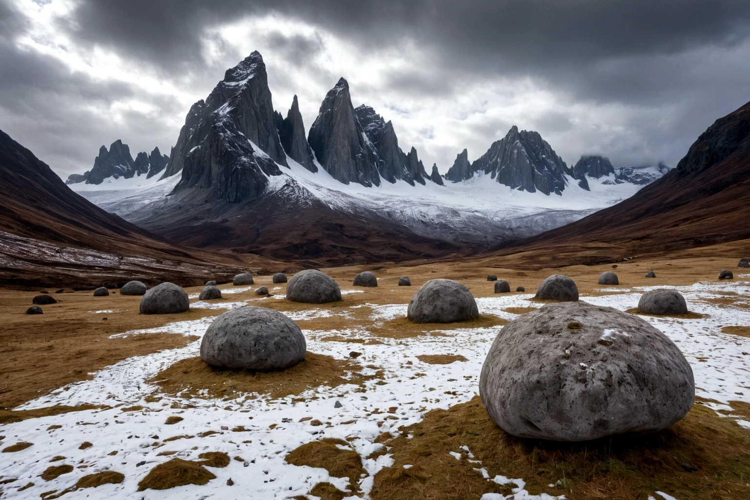 (hay una fortaleza de concreto brutalista) (hay una fortaleza de concreto brutalista) (hay una fortaleza de concreto brutalista)  ON AN ALIEN PLANET STEEP AND INTRINSIC MOUNTAINS WITH SHARP ROCKS WITH SNOW AND ICE, EL CIELO TORMENTOSO APLOMADO, GRAY AND COLD HAS THE CLOUDS DESTROYED BY THE FREEZING WIND FROM THE POLE, IMAGEN HIPER REALISTA, MAXIMUM DEPTH OF FIELD, MAXIMUM HDR 4K RESOLUTION, PERSPECTIVA PERFECTA
