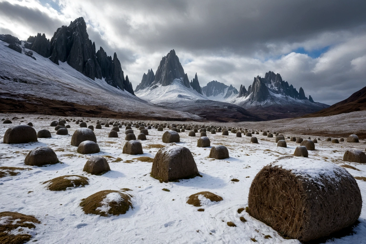 (hay una fortaleza de concreto brutalista) (hay una fortaleza de concreto brutalista) (hay una fortaleza de concreto brutalista)  ON AN ALIEN PLANET STEEP AND INTRINSIC MOUNTAINS WITH SHARP ROCKS WITH SNOW AND ICE, EL CIELO TORMENTOSO APLOMADO, GRAY AND COLD HAS THE CLOUDS DESTROYED BY THE FREEZING WIND FROM THE POLE, IMAGEN HIPER REALISTA, MAXIMUM DEPTH OF FIELD, MAXIMUM HDR 4K RESOLUTION, PERSPECTIVA PERFECTA
