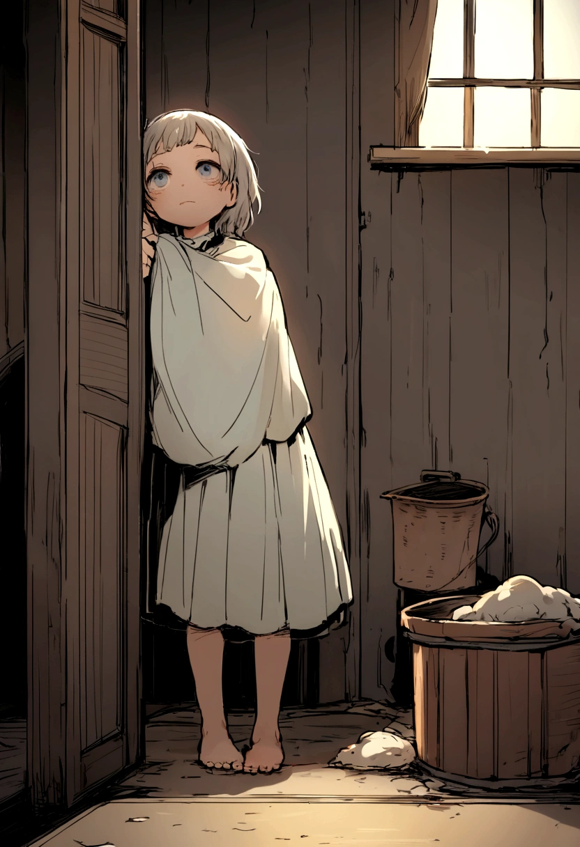 A dimly lit, small, and grimy basement room. The room is located either under a public building or a spacious private home in the city of Omelas. It has one locked door and no windows. Sparse light seeps in through cracks in the wooden boards, coming from a cobwebbed window somewhere across the cellar. The floor is made of slightly damp dirt, typical of cellar floors.

In one corner, there are a couple of mops with stiff, clotted, foul-smelling heads standing near a rusty bucket. The room is about three paces long and two paces wide, resembling a mere broom closet or disused tool room.

A child is sitting in the room. The child could be a boy or a girl and appears about six years old, but is actually nearly ten. It is feeble-minded, possibly born defective or rendered imbecile through fear, malnutrition, and neglect. The child is , with thin legs lacking calves, a protruding belly, and  and thighs covered in festered sores. It sits hunched in the corner farthest from the bucket and mops, which it finds terrifying.

The child occasionally picks its nose or fumbles vaguely with its toes or . It is frightened and whimpers softly, making a sound like "eh-haa, eh-haa." The room smells of excrement, as the child sits in its own waste. There is a food bowl and a water jug, both of which are only hastily filled when the door occasionally opens. People who open the door sometimes kick the  to make it stand up, but they never speak to it, and they peer in with frightened, disgusted eyes. The  remembers sunlight and its mother's voice and sometimes pleads to be let out, but no one ever responds.