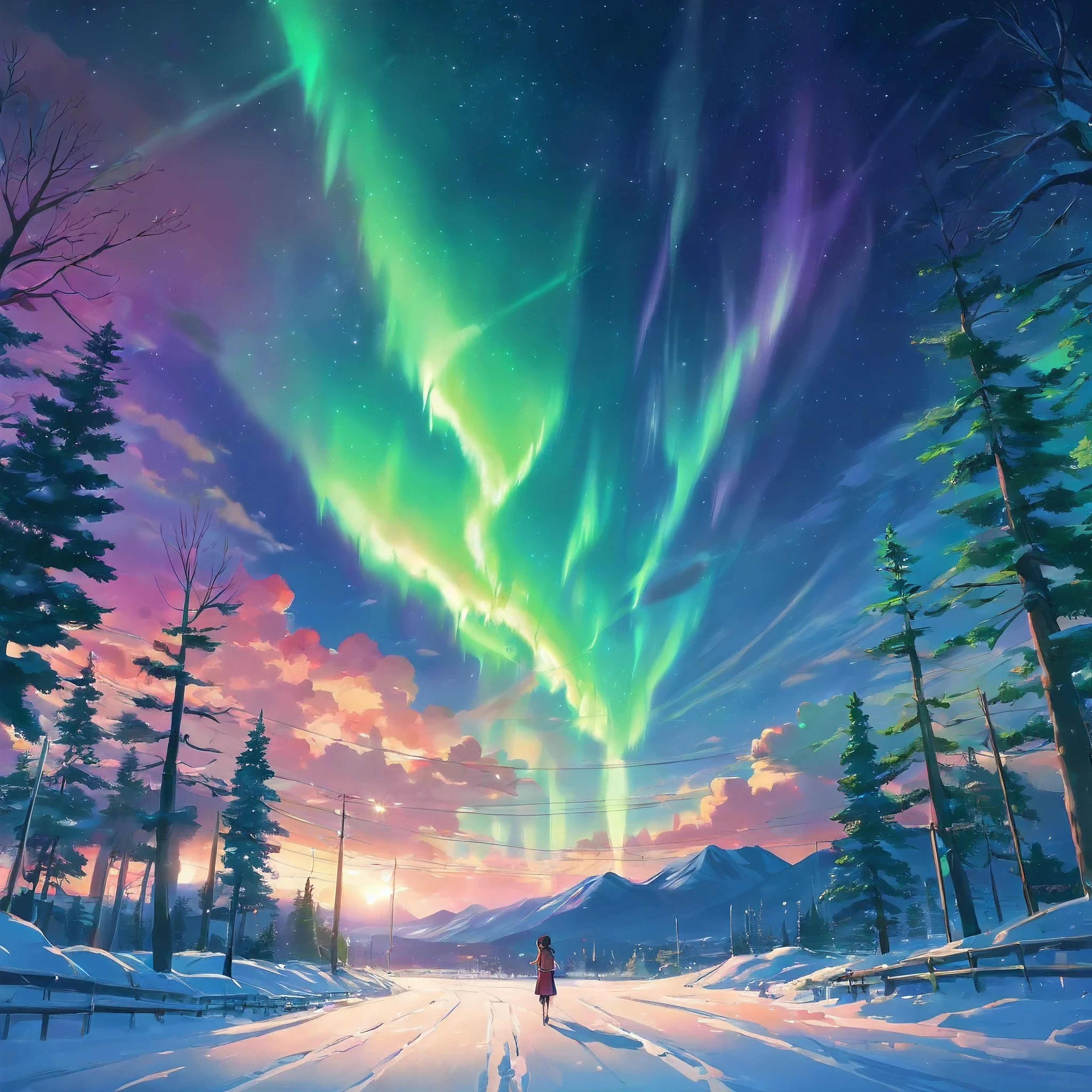 a stunning night sky with bright green aurora borealis lights, high quality, 8k, hyperrealistic, cinematic, dramatic lighting, detailed clouds, detailed stars, silhouetted trees, detailed snowscape, (best quality,4k,8k,highres,masterpiece:1.2),ultra-detailed,(realistic,photorealistic,photo-realistic:1.37)