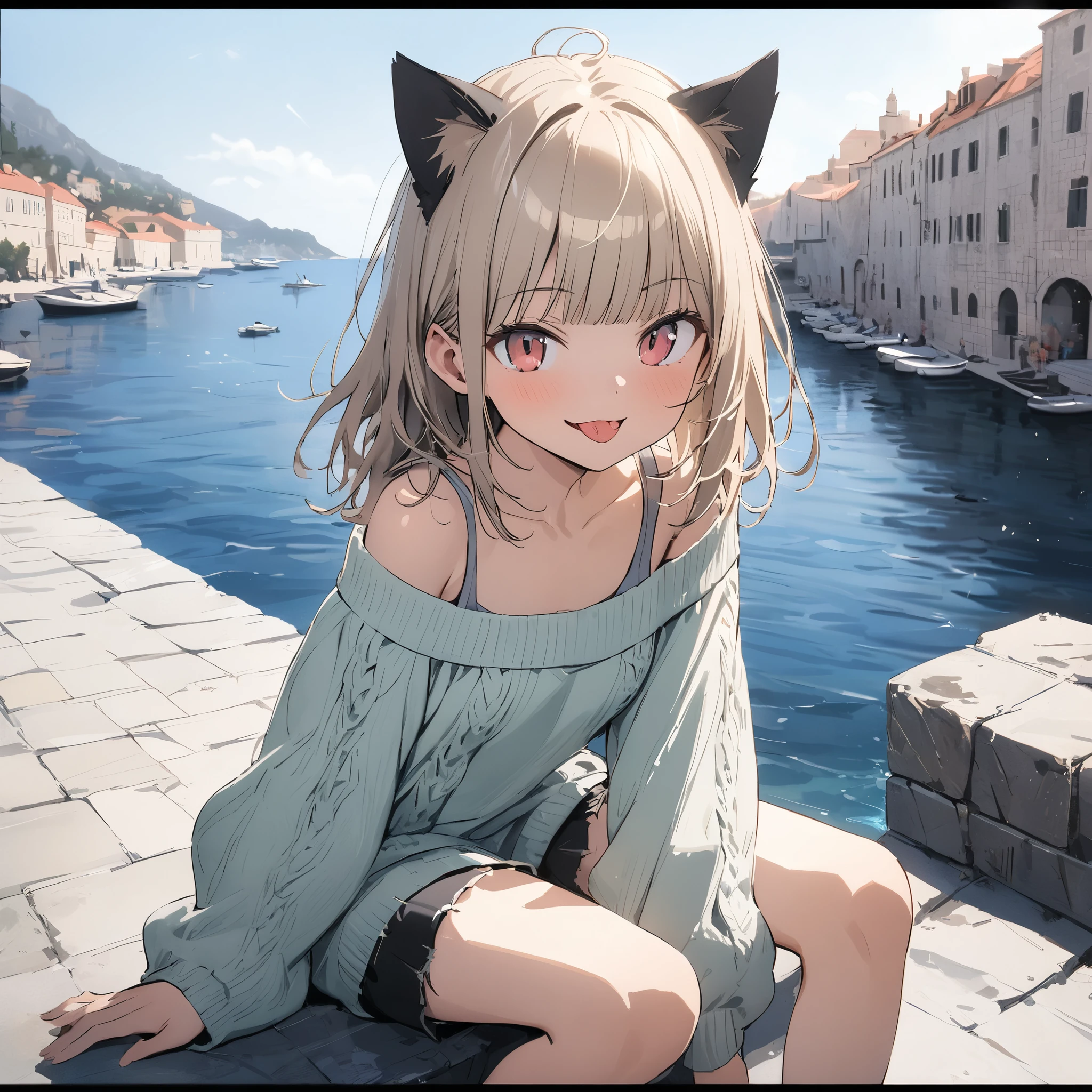 ((Masterpiece)), ((best quality)), (Anime:1.3), (super detail:1.2), (High Definition:1.3), (Professional Photography:1.3), (sharp focus), (perfect light), ((12 years old)), 8K, Glossy skin, cinematic lighting, 1girl, wide-shot, ((Wearing frayed knit sweater with border pattern)), fluffy shorts, exposed bare neck, oversized knit sweater, (Cute innocent teenage girl), (Healthy slim body), small breast, glossy medium hair, (loose blunt bangs), :d, open mouth, (sticking out tongue), (naughty smile), beautiful collarbones, (exposed shoulders), (cat ears), pale brown hair, messy Hair, BREAK, ((best quality)), (sitting on Dubrovnik townscape in Croatia), summerday, Beautiful and clear Adriatic Sea,