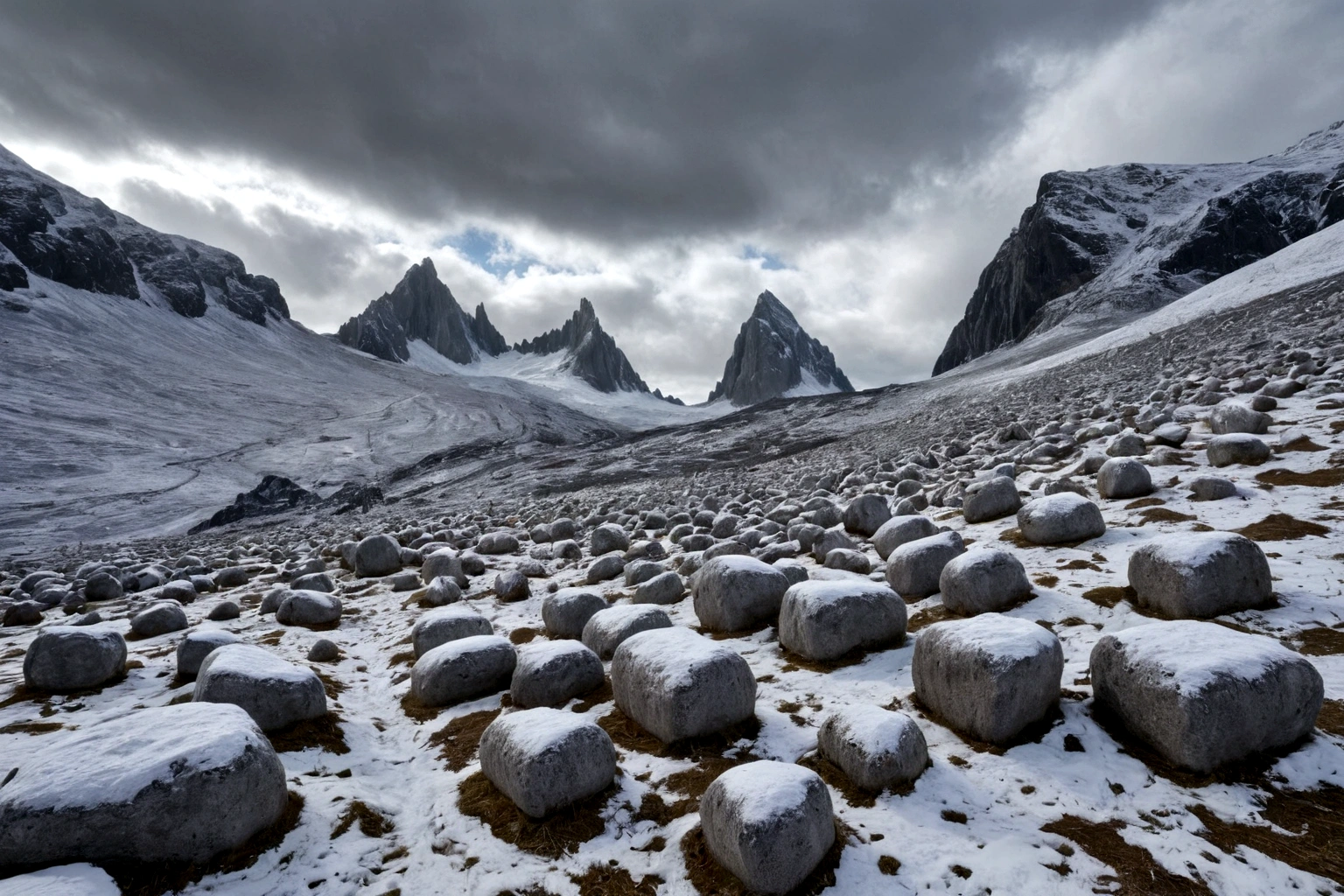 ((CIELO GRIS PLOMO)), (hay una fortaleza de concreto brutalista) (hay una fortaleza de concreto brutalista) (hay una fortaleza de concreto brutalista) ON AN ALIEN PLANET STEEP AND INTRINSIC MOUNTAINS WITH SHARP ROCKS WITH SNOW AND ICE, EL CIELO TORMENTOSO APLOMADO, GRAY AND COLD HAS THE CLOUDS DESTROYED BY THE FREEZING WIND FROM THE POLE, IMAGEN HIPER REALISTA, MAXIMUM DEPTH OF FIELD, MAXIMUM HDR 4K RESOLUTION, PERSPECTIVA PERFECTA
