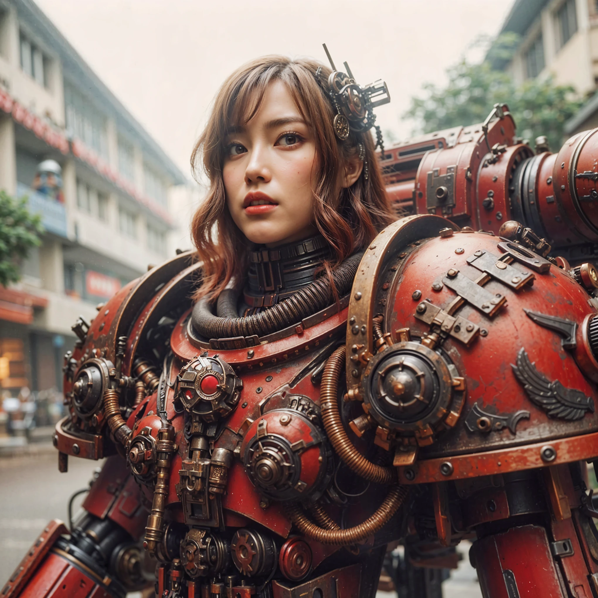 (masterpiece, best quality:1.2), (8k uhd, 16k, 32k, ultra high res), realistic photo, superrealism, (The main subject: Wide-angle lens), steampunk, (beautiful girl face), (Show on the(humongous)Power mech suit), (super intricate all details), (super realistic all textures), red color, (warhammer40k),Realistic metal mech,Standing in the street