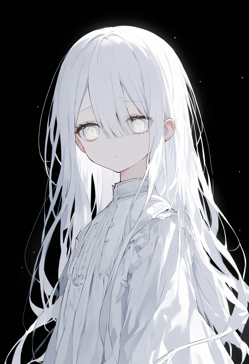 off white色、off white、Girl、Light white hair、髪の色がoff white、Thin hair white、Long Hair、Eye color is pale white、Pale white eyes、off white色の目、目の色が全てoff white、全体的に白のGirl、off white色のGirl、White background、White background、White room、There are highlights on the eyes、emotionless