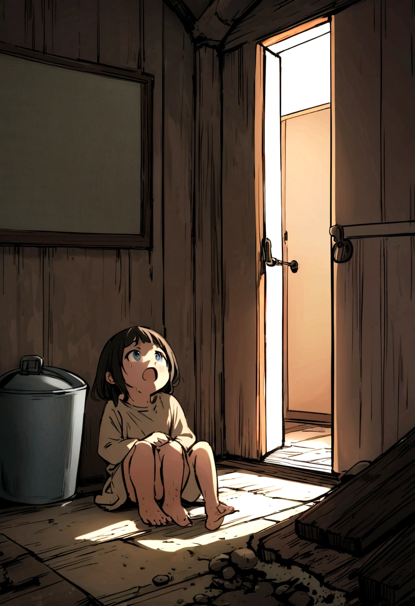 A dimly lit, small, and grimy basement room. The room is located either under a public building or a spacious private home in the city of Omelas. It has one locked door and no windows. Sparse light seeps in through cracks in the wooden boards, coming from a cobwebbed window somewhere across the cellar. The floor is made of slightly damp dirt, typical of cellar floors.

In one corner, there are a couple of mops with stiff, clotted, foul-smelling heads standing near a rusty bucket. The room is about three paces long and two paces wide, resembling a mere broom closet or disused tool room.

A child is sitting in the room. The child could be a boy or a girl and appears about six years old, but is actually nearly ten. It is feeble-minded, possibly born defective or rendered imbecile through fear, malnutrition, and neglect. The child is naked, with thin legs lacking calves, a protruding belly, and buttocks and thighs covered in festered sores. It sits hunched in the corner farthest from the bucket and mops, which it finds terrifying.TWO LEGS NOT THREE

The child occasionally picks its nose or fumbles vaguely with its toes or genitals. It is frightened and whimpers softly, making a sound like "eh-haa, eh-haa." The room smells of excrement, as the  sits in its own waste. There is a food bowl and a water jug, both of which are only hastily filled when the door occasionally opens. People who open the door sometimes kick the  to make it stand up, but they never speak to it, and they peer in with frightened, disgusted eyes. The  remembers sunlight and its mother's voice and sometimes pleads to be let out, but no one ever responds.