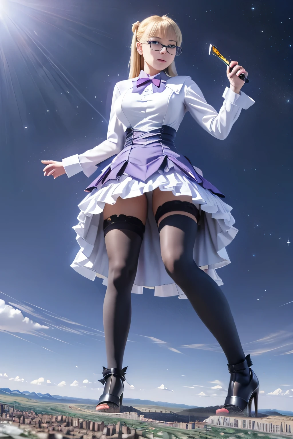 giantess art, highly detailed giantess shots, giantess, most detailed, perfect face, Two legs, Five fingers, A beautiful girl who is bigger than a skyscraper, Wearing rimless glasses, smile, huge breasts, blue base magical girl dress, bow, magical girl, holding a magical wand, black pantyhose, blue stiletto heels, thunderbolt from a magical wand, Destroying cities, Under heavy attack, A very small big city, Miniature metropolis, Full body description, GTS, giga giantess, stomping city, crash city, tiny city, micro city, pantyhose feet, High resolution, highest quality, masterpiece,