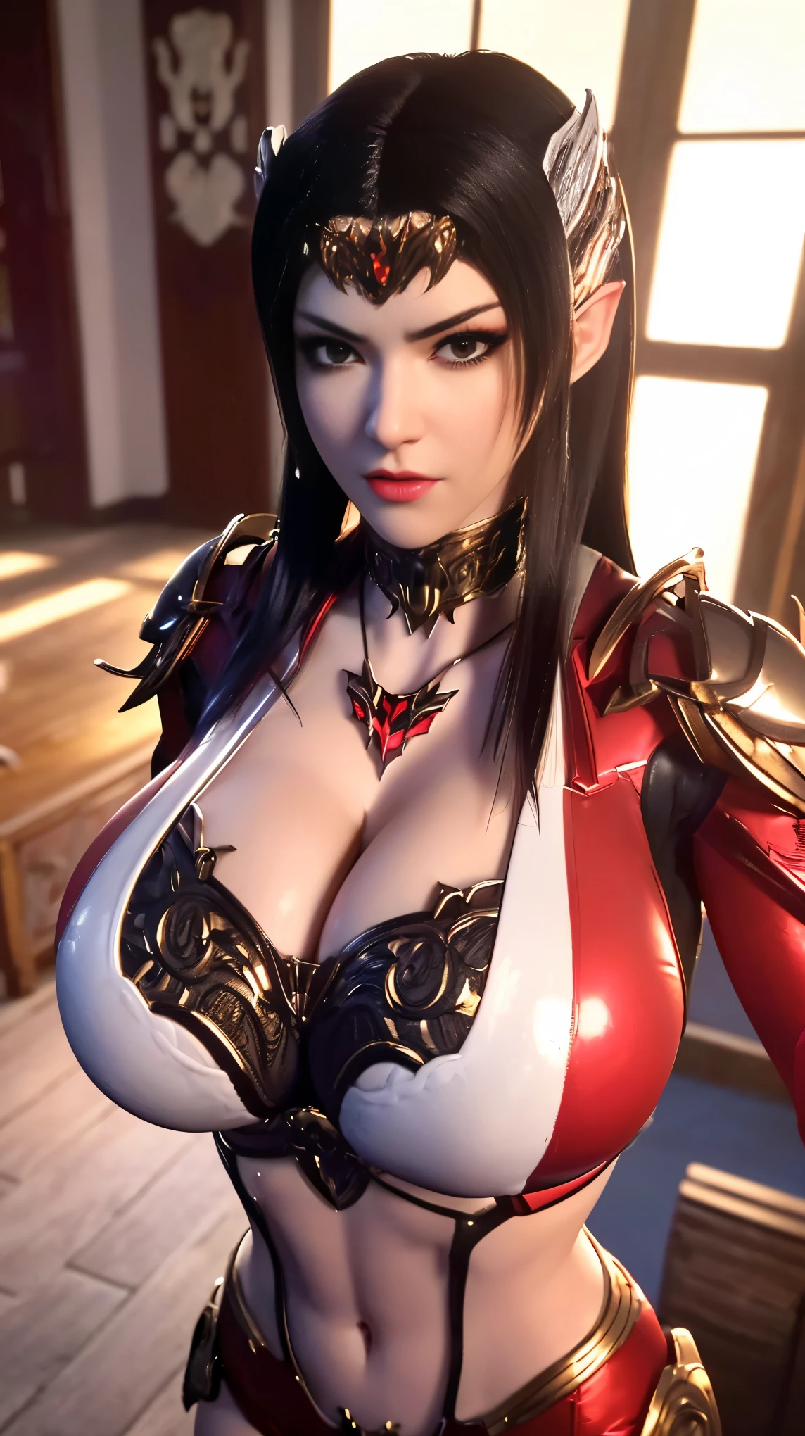 A BUSTY MILF, CLOSE UP UPPER BODY,SOLO,(BLACK STRAIGHT HAIR), (MASSIVE FAKE BOOBIES,CLEAVAGE TOP,MUSCULAR ABS:1.5), ((WEARING OUTFIT MECHA (LED RED,WHITE,BLACK SNINY),BIKINI ARMOR SUIT:1.5)),(CURVY VOLUPTUOUS BODY SHAPE:1.5), (SWEAT BODYSKIN:1.5), (LOOKING AT VIEWER:1.6), (BACKGROUND FUTURISTIC SPACE STATION:1), (PHOTOREALSITIC:1.4), (ULTRA-DETAILLIERT), (TOP-QUALITY), (BEST SHADOWS), BRIGHT LIGHT IN ROOM, HYPER TEXTURE, (4X MSAA), ((UNREAL ENGINE 5 RENDER)), PHYSICALLY-BASED RENDERING, ULTRA HIGHT DEFINITION, 16K, 1080P.