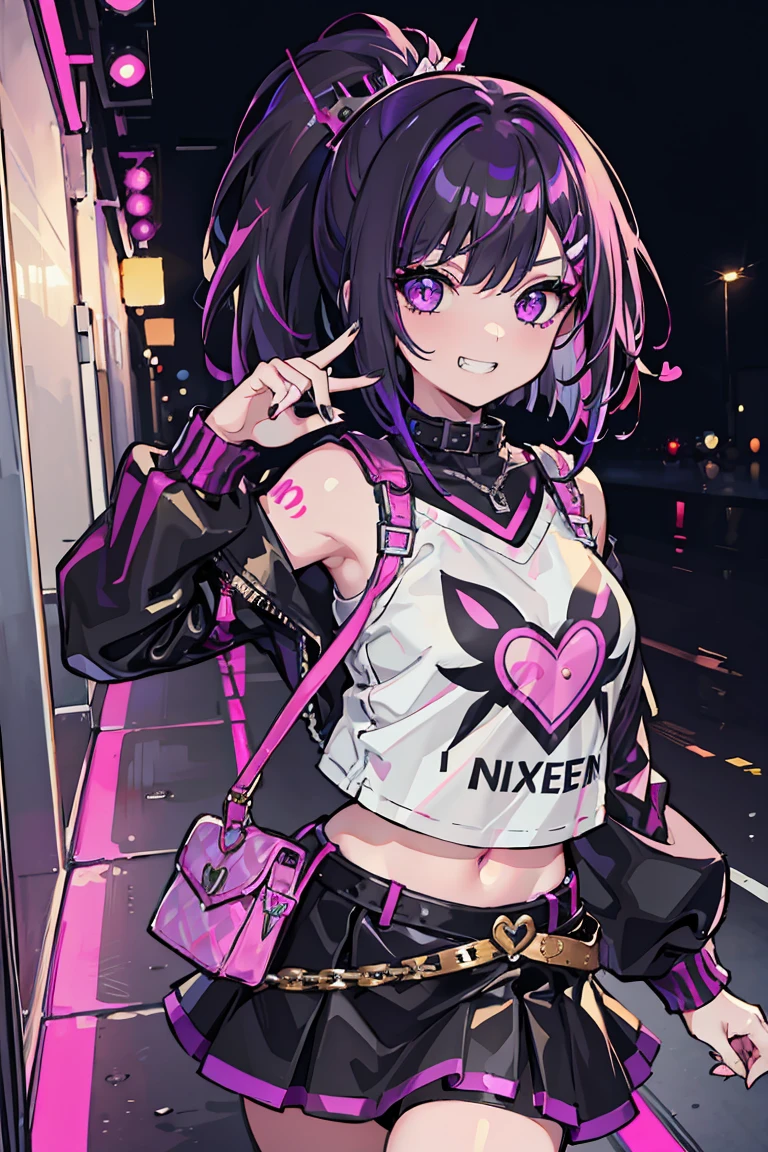 1 girl, Punk Makeup, (hair ornaments),(Grin), Sexy pose, Colorful clothes, Black and purple hair, Short Bob, Low ponytail at back, Leather skirt, Naughty look, Beautiful expression, Pink Eyes, (Hearts in eyes), Cold Background,18-year-old, Colorful Hair, Messy Hair, Romanticism, modern art, Impressionism, reflected light, 8k, masterpiece, Advanced Details, highest quality,