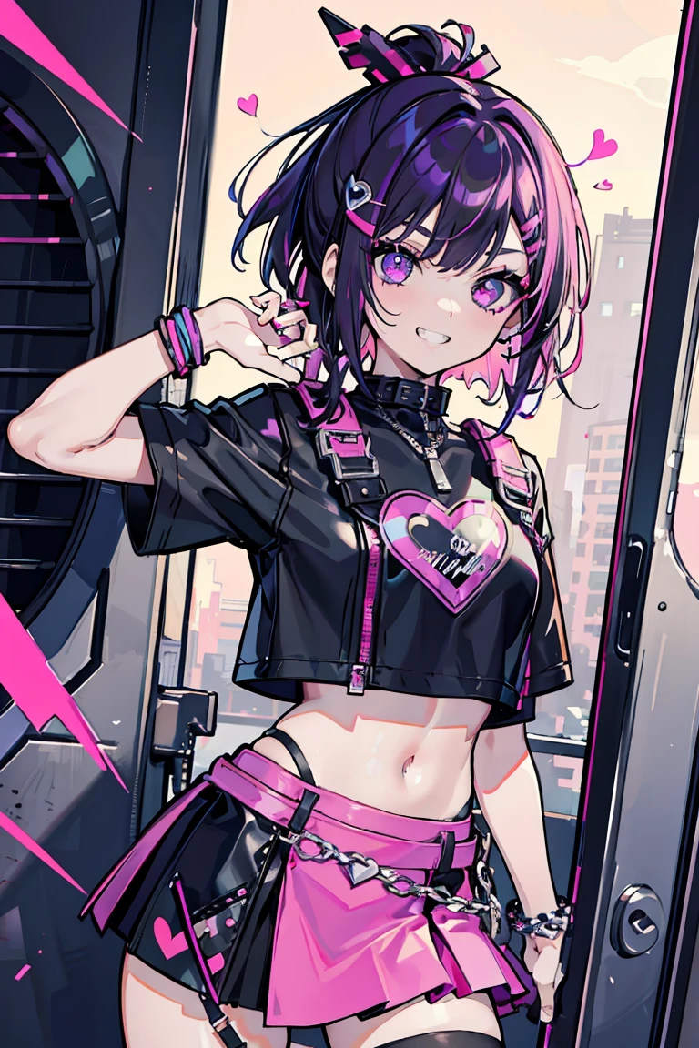 1 girl, Punk Makeup, (hair ornaments),(Grin), Sexy pose, Colorful clothes, Black and purple hair, Short Bob, Low ponytail at back, Leather skirt, Naughty look, Beautiful expression, Pink Eyes, (Hearts in eyes), Cold Background,18-year-old, Colorful Hair, Messy Hair, Romanticism, modern art, Impressionism, reflected light, 8k, masterpiece, Advanced Details, highest quality,
