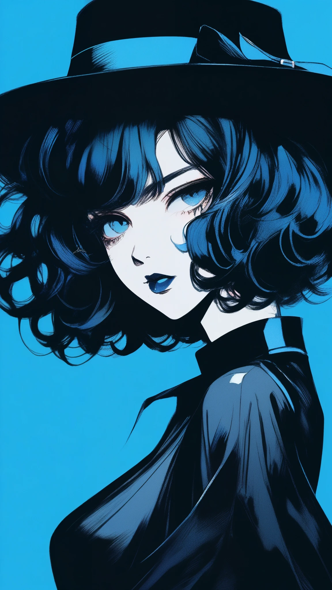 1girl, detailed beautiful lips, black dress, custom dress, neon blue hair, textured cropping, retro classic style, noir dark art, sketch book, bob cut black hair:1.75, neon:1.32, bad woman, dark shadows, illustrator, anime, dark monochrome background, strict woman, curly hair, sexy woman, nurse witch