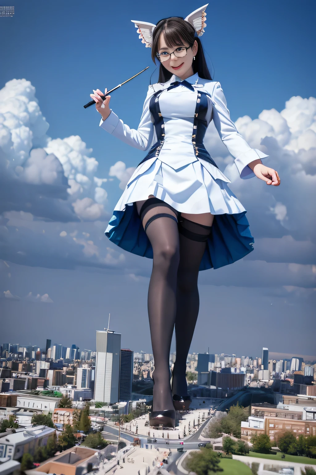 giantess art, highly detailed giantess shots, giantess, most detailed, perfect face, Two legs, Five fingers, A beautiful girl who is bigger than a skyscraper, Wearing rimless glasses, smile, huge breasts, blue base magical girl dress, bow, magical girl, holding a magical wand, black pantyhose, blue stiletto heels, thunderbolt from a magical wand, Destroying cities, Under heavy attack, A very small big city, Miniature metropolis, Full body description, GTS, giga giantess, stomping city, crash city, tiny city, micro city, pantyhose feet, High resolution, highest quality, masterpiece,