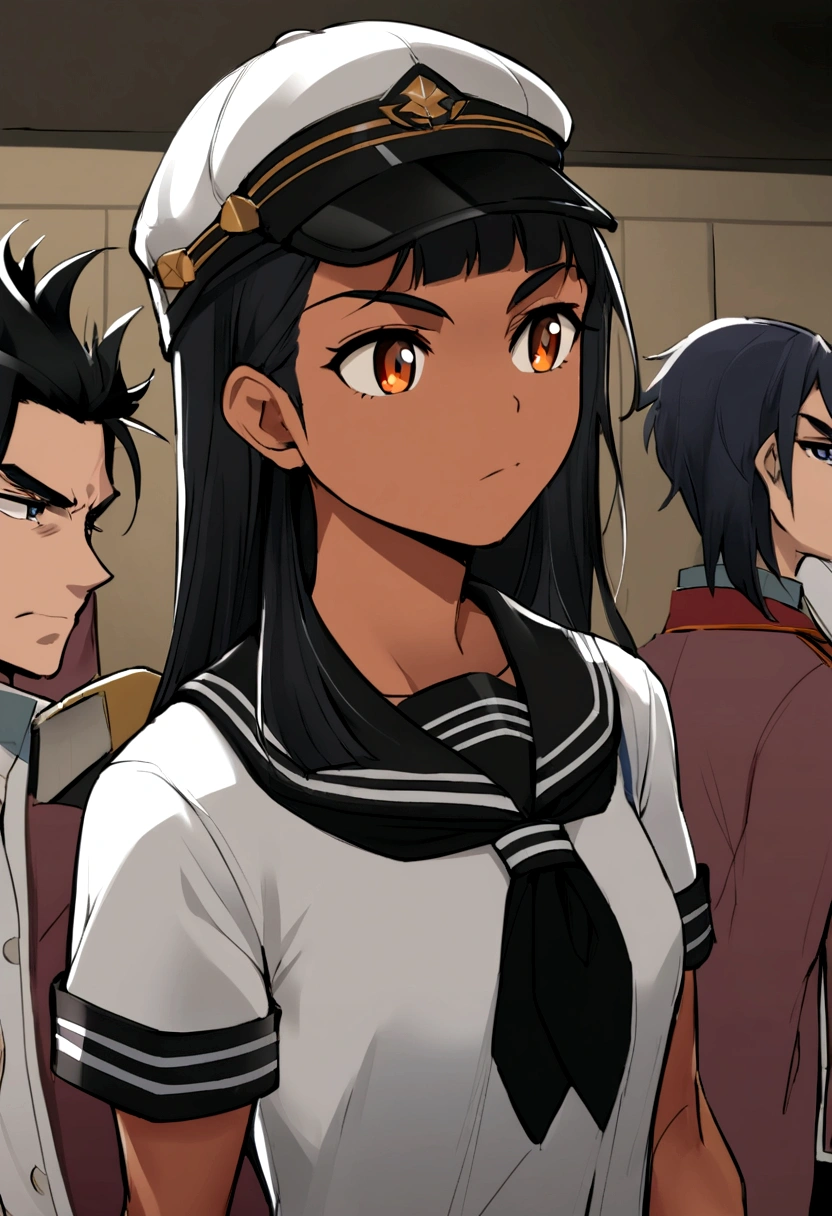 Chico varonil con uniforme escolar negro y gorra, cabello negro, with slightly tanned skin and amber eyes in a debate room.
