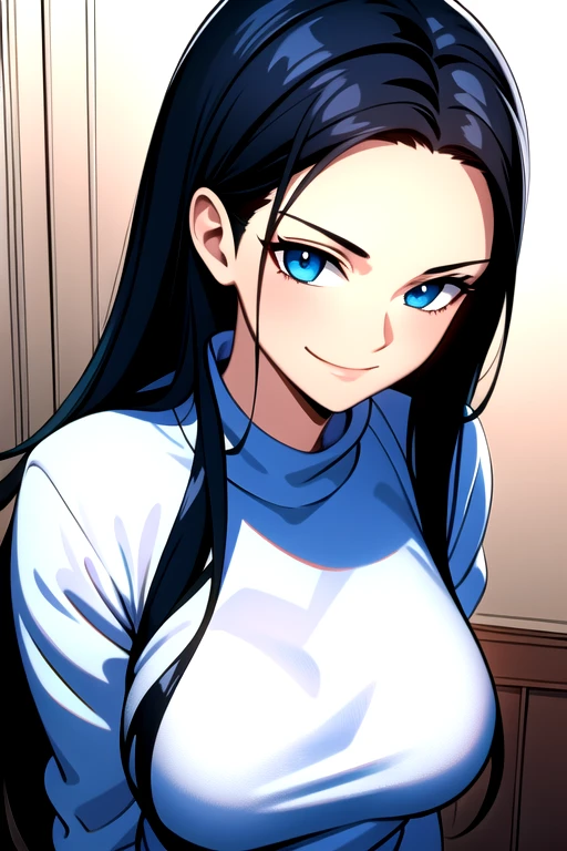masterpiece,, best quality, beautiful lighting,((, slim girl)), NicoRobinV2, 1girl, black hair, long hair, solo, large breasts, smile, blue eyes, closed mouth, hair slicked back sweater
