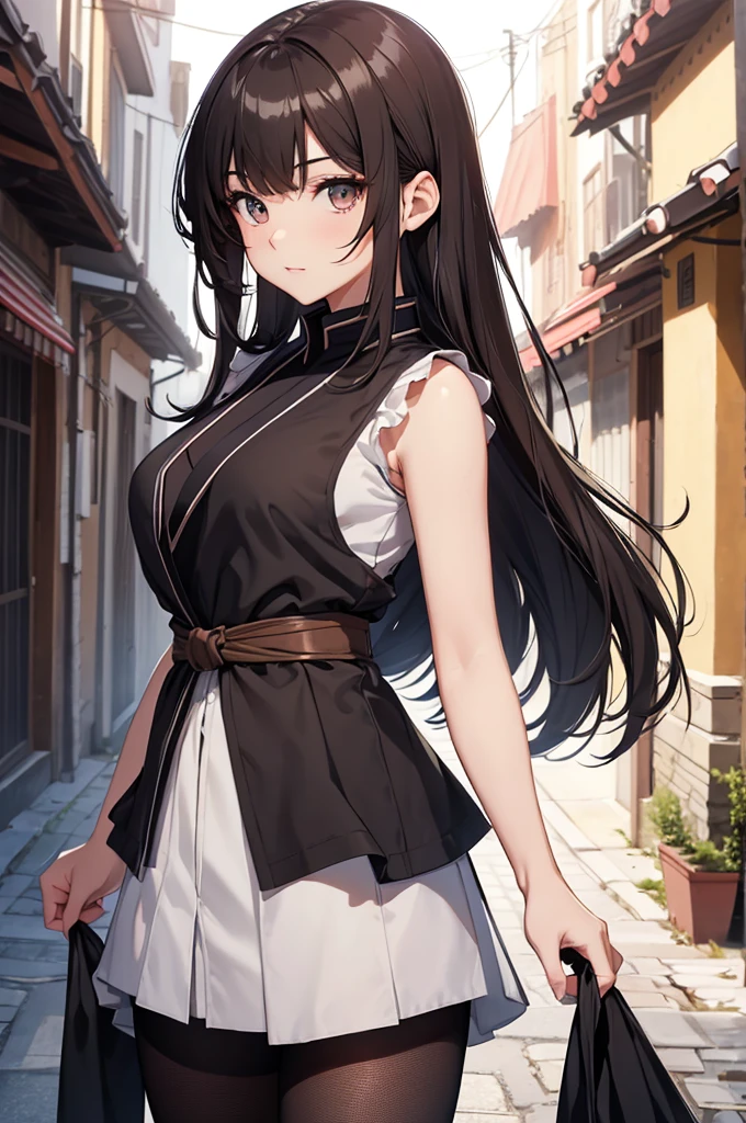 8K, Best Quality, Masterpiece, Ultra High Resolution, 1 Girl, Beautiful Eyes, Face Details, Dark Brunette Hair, Straight Hair, Brown Eyes, Kunoichi Uniform, Sleeveless Kimono, Mesh Tights, Standing Outside in Village, Pale Skin, Masterpiece, Best Quality, Upper Body, Looking at the Viewer, Close Up
