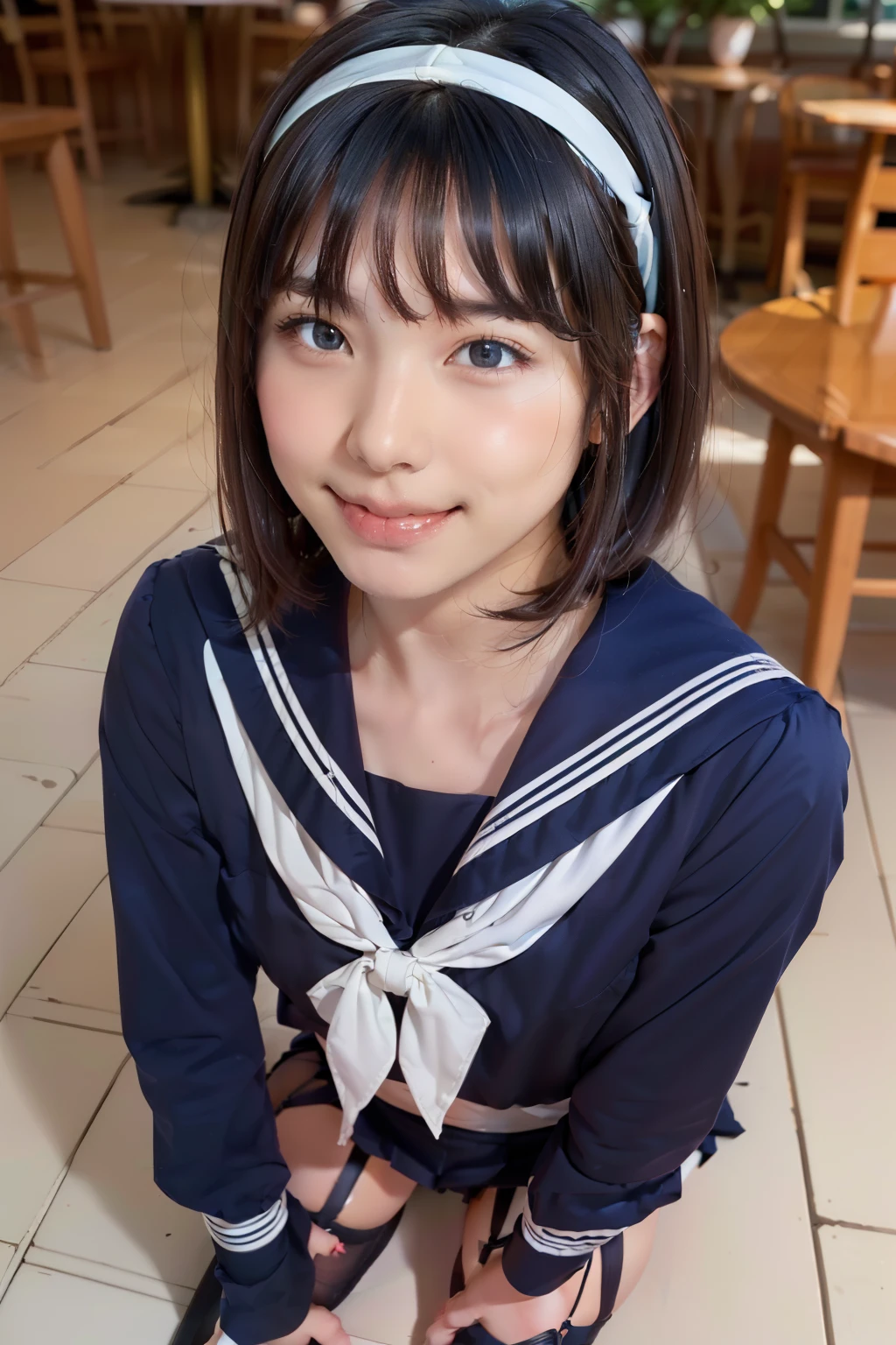 Sailor suit, One Woman, (Beautiful woman, delicate :1.3), Black Hair, Short bobcut, bangs, (8k), (highest quality: 1.2), (Realistic), (Realistic: 1.37), (masterpiece), (Ultra-high resolution), (RAW Photos), (Absolute Resolution), (((face is small compared to body: 1.4))), (((Small face:１.4))), A balanced face, (Small Mouth: 1.4), ((Slim female body: 1.4)), (((long sleeve Sailor suit))), Realistic high school girl, (White headband:1.4), Small breasts, Slanted Eyes, Bright Blue Eyes, (Cafe on the open terrace), smile, Blurred, ((Full Body Shot)), Black Stockings, Black garter belt, Three white lines on the collar of a sailor suit, 