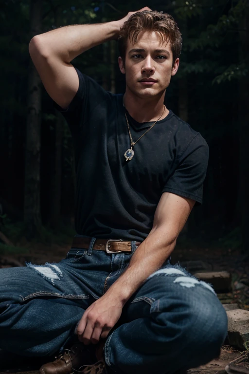 Luke Perry, Oliver Pike, Teen Wolf, 18 years old, short messy blonde hair, slim muscular build, black eyes, open blue shirt, dark blue jeans, black belt, light brown combat boots, silver moon pendant, gold background black misty forest
