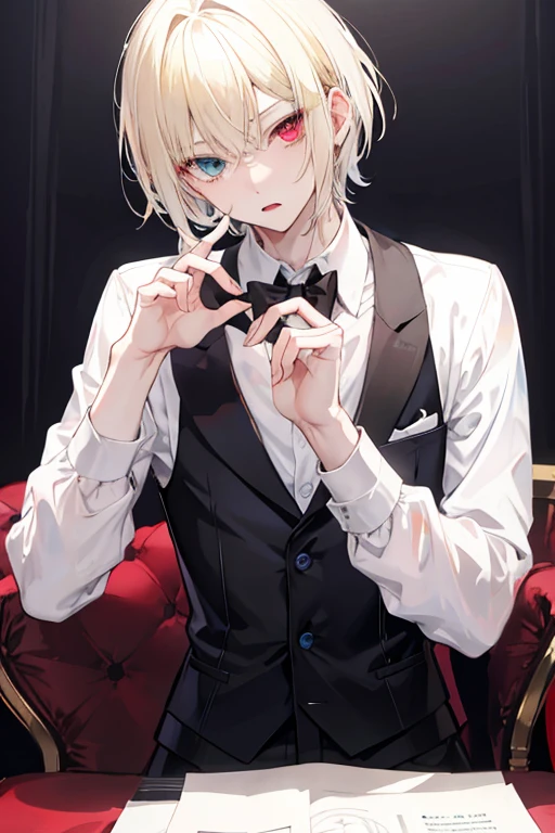 heterochromia,역동적인 pose,Take photos,pose,Sit pose,upper body, male, adult, Short hair, blond hair, suit, expressionless, tear, vampire