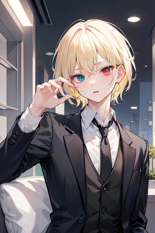 heterochromia,역동적인 pose,Take photos,pose,Sit pose,upper body, male, adult, Short hair, blond hair, suit, expressionless, tear, vampire